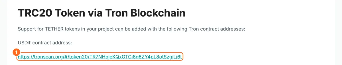 Tether 官網公布的 TRC20 USDT 合約地址截圖